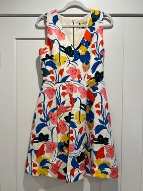 J. Crew Linen White Floral Fit-and-Flare Dress with Pink, Blue & Yellow Print